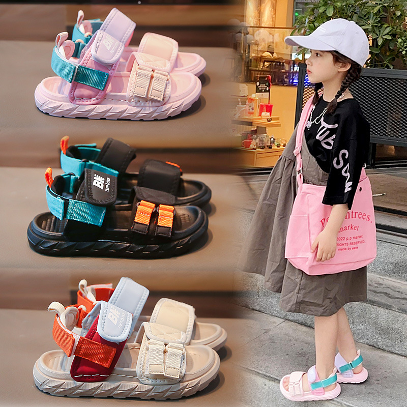 korean style children‘s beach sandals 2024 summer girls‘ beach shoes soft bottom non-slip boys‘ adjustable sports sandals