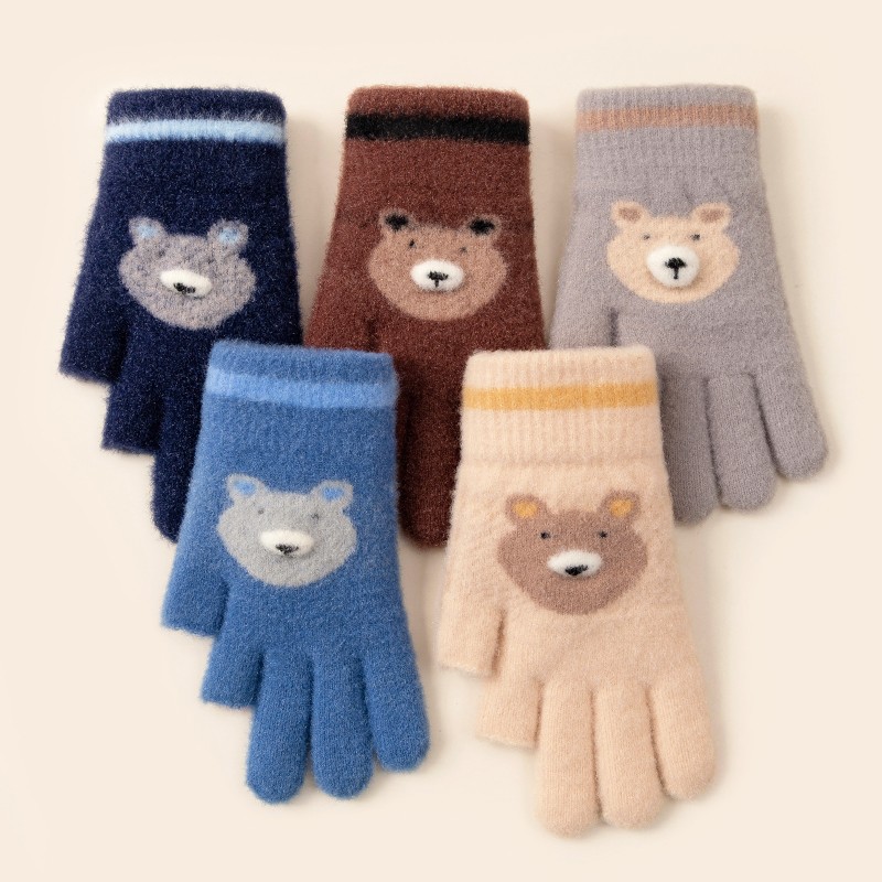 Children's Gloves Boys' Autumn and Winter Cute Cartoon Bear Knitted Wool Keep Warm Open Finger Primary School Students Wholesale Writing