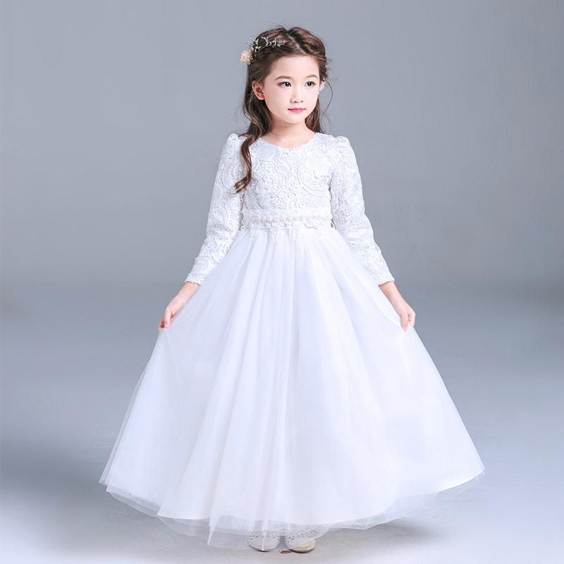 秋冬长款粉女童礼服裙加绒儿童公主蓬蓬裙大童晚礼服长裙女孩裙子