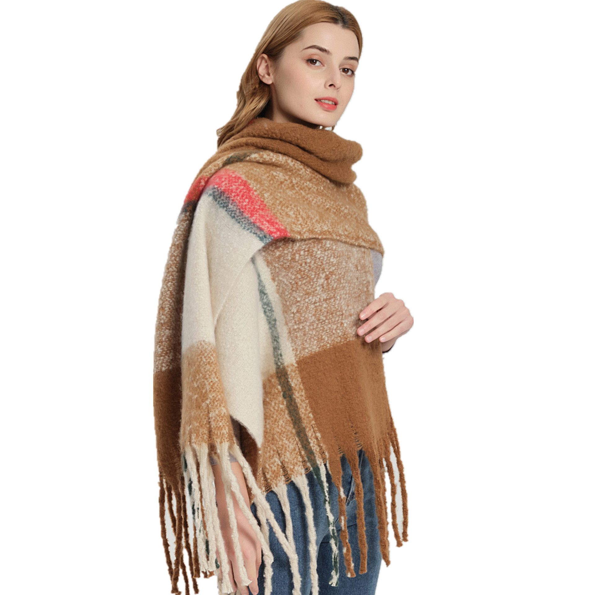 Foreign Trade Hot-Selling New Arrival European and American Autumn and Winter Circle Yarn Imitated Mohair Color Matching Plaid Thick Tassel Scarf Shawl