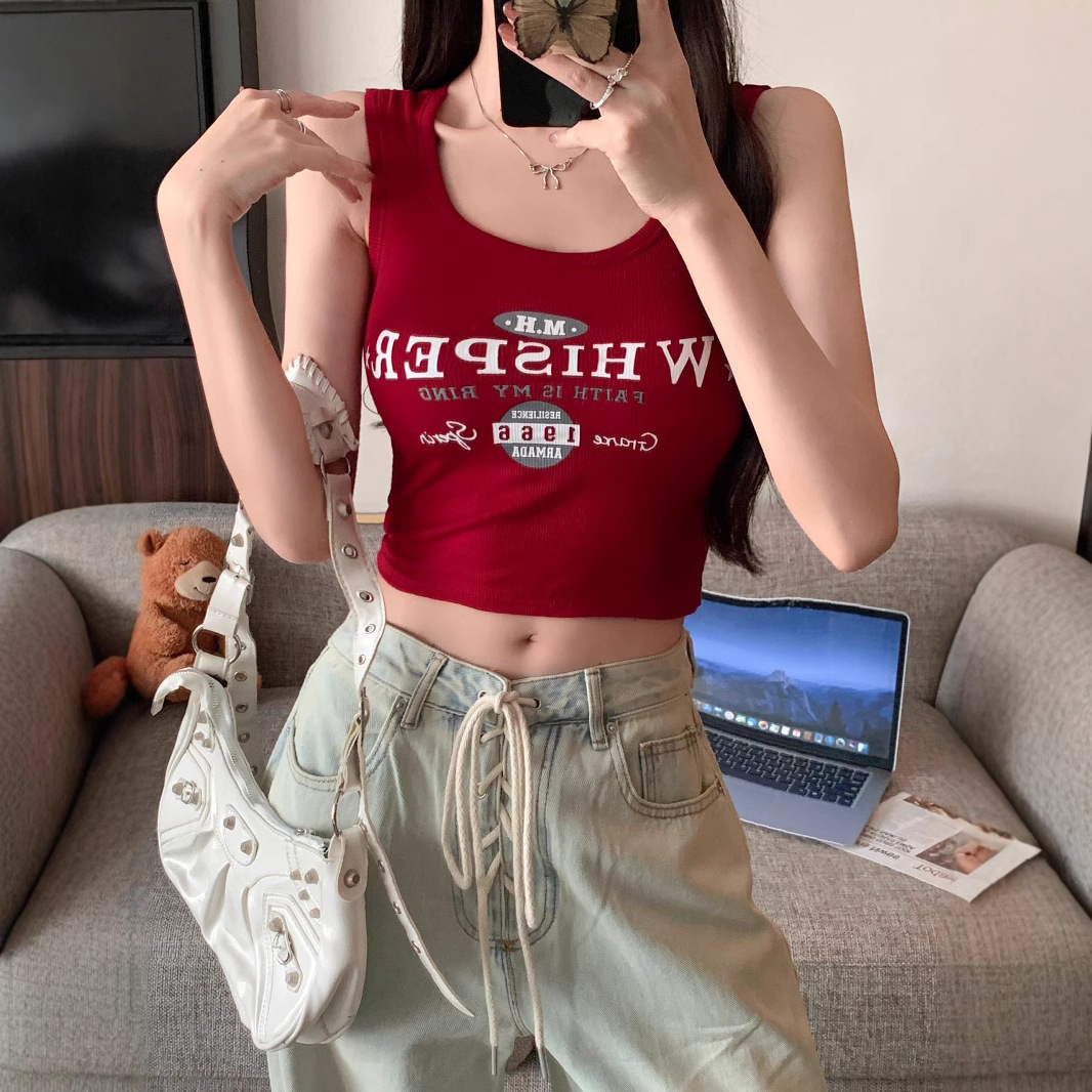 730#夏季美式人棉方领字母印花背心女新款胸垫不可拆外穿无袖上衣