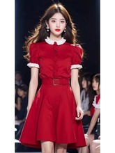 14873茶歇法式夏设计感洋气时尚女神范气质纯欲淡雅红色连衣裙女