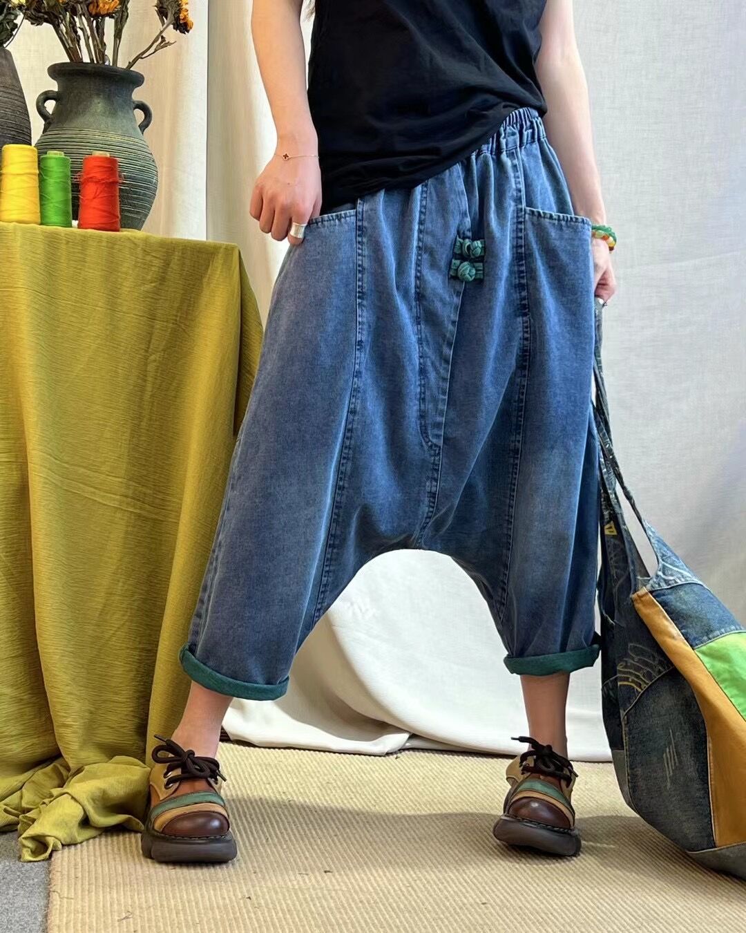 复古水洗牛仔吊裆裤女2022夏季新款个性盘扣松紧腰显瘦大裆垮裤潮