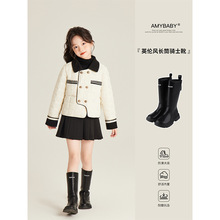 Amybaby女童鞋子冬季2024新款英伦风长筒黑色平底骑士靴