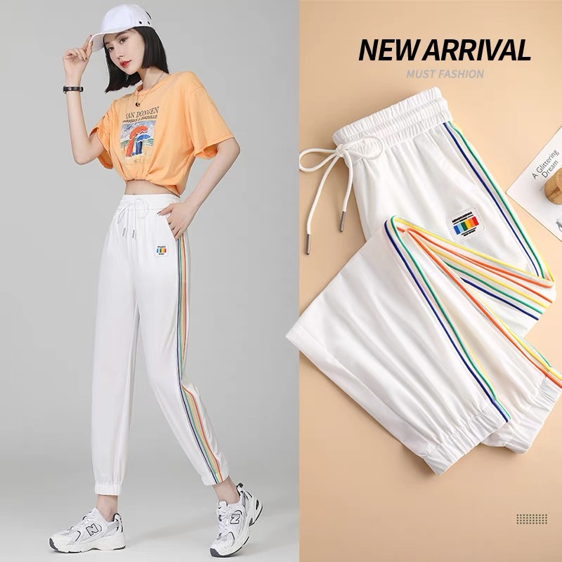 Ice Silk Leggings Spring and Summer Thin Small Rainbow Striped 2023 New Ankle-Tied Quick-Drying Sports Leisure Cropped Harem Pants
