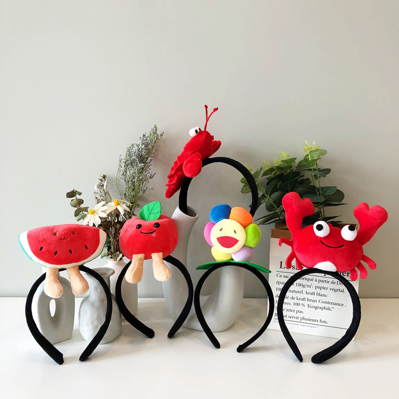 沙雕公仔卡通可爱发箍龙虾螃蟹头箍西瓜水果太阳花发卡成人头饰女