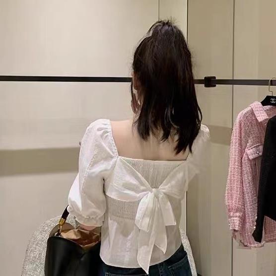 肉完背影鲨我清纯小花背后蝴蝶结打揽方领显瘦衬衫上衣