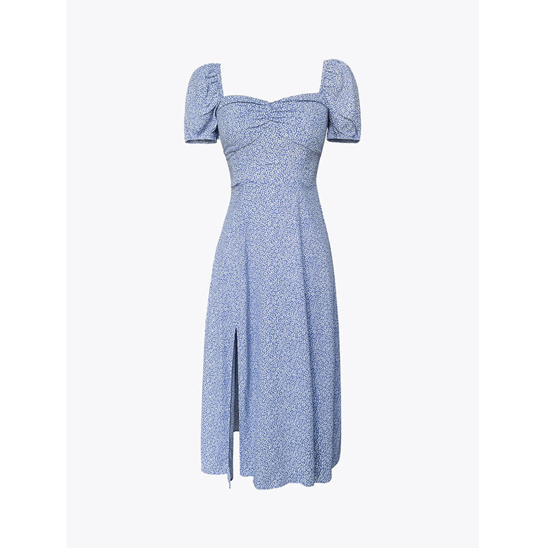 Love Pleating French Retro Blue Floral Dress Women's Summer Tight Waist Figure Flattering Side Slit Design Long Dress