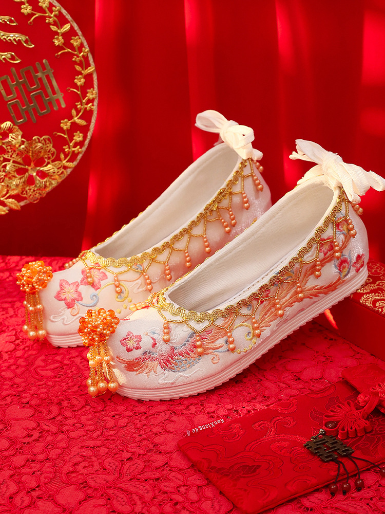 容颜鞋内增高婚鞋中式新娘鞋凤凰项链香槟色绣花鞋古装秀禾服汉服