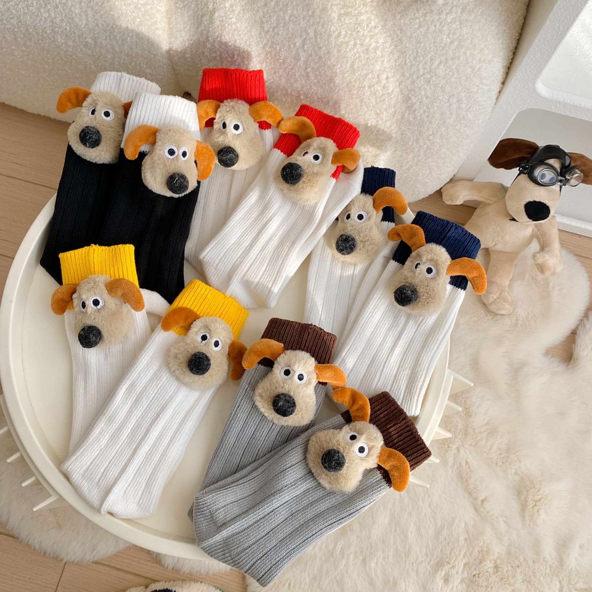 春夏新款掌门狗粗针加厚双拼色立体公仔娃偶袜子女韩版可爱中筒袜