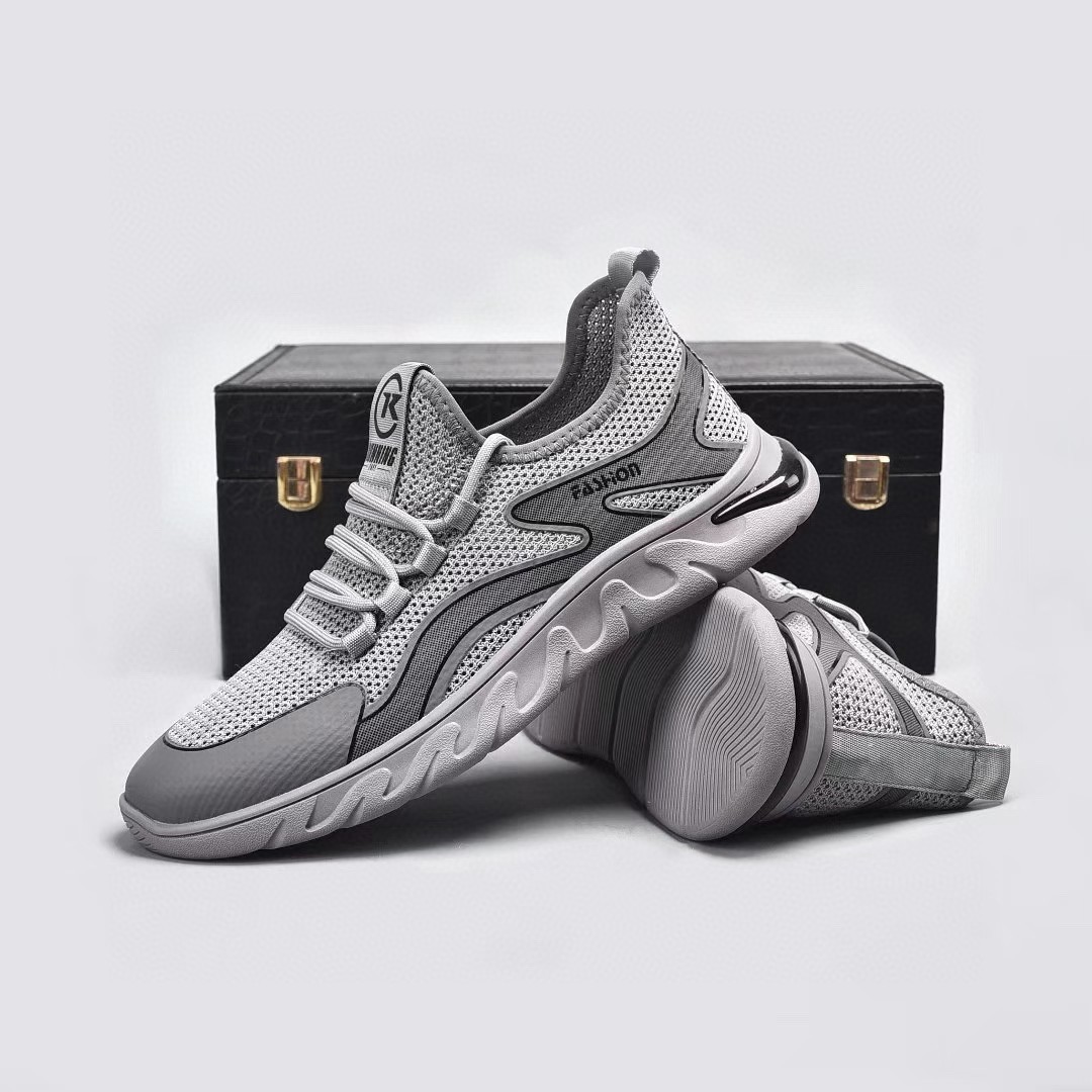 夏季男纯色现货sgs注塑鞋日常网布灰色圆头低帮男鞋飞织鞋面工厂