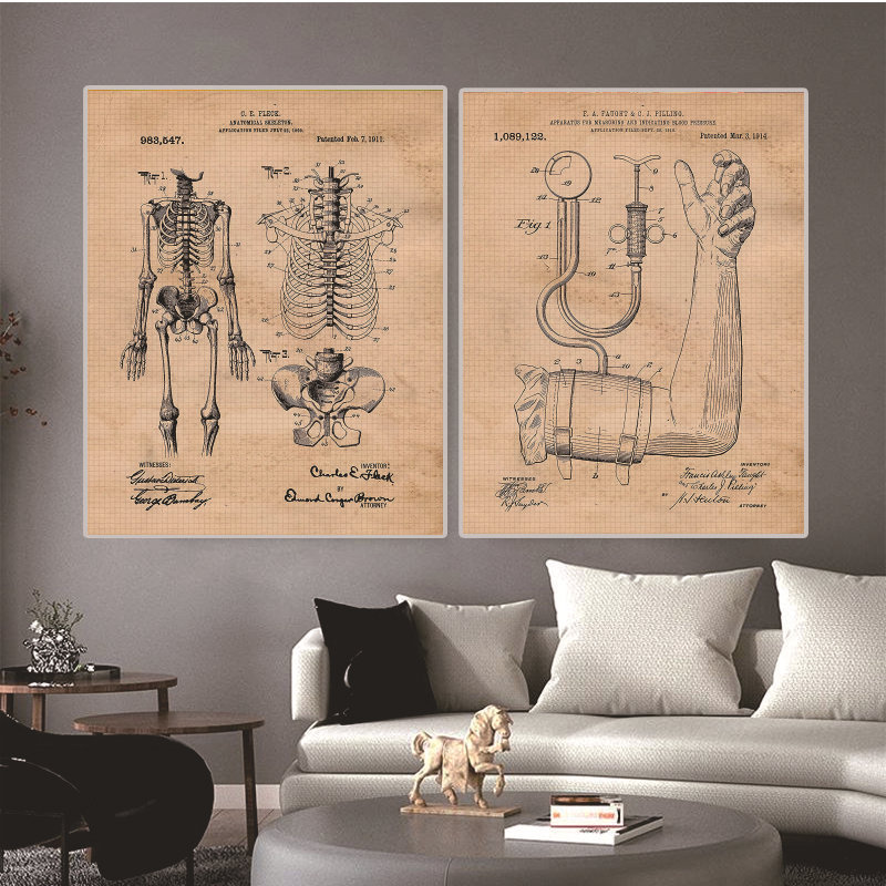 医学人体创意装饰挂画跨境背景医用墙画高清油画人体骨架画芯无框