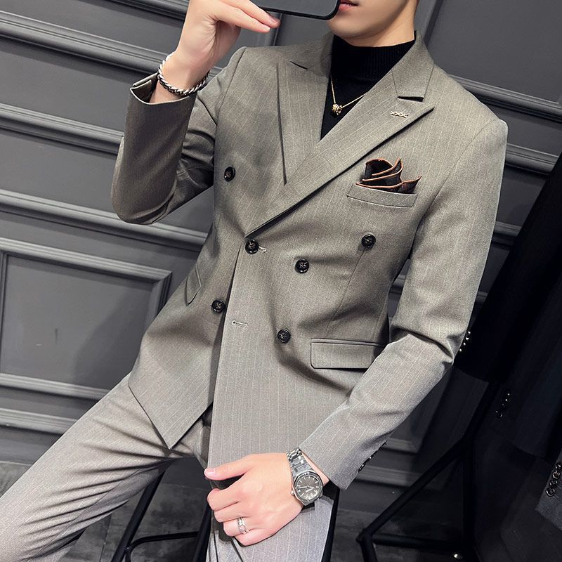 四季双排扣西装套装男商务休闲西服职业正装条纹新郎结婚礼服