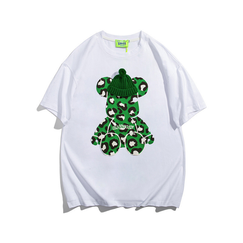 美式潮牌豹纹暴力熊印花立体针织帽短袖t恤男减龄情侣纯棉上衣