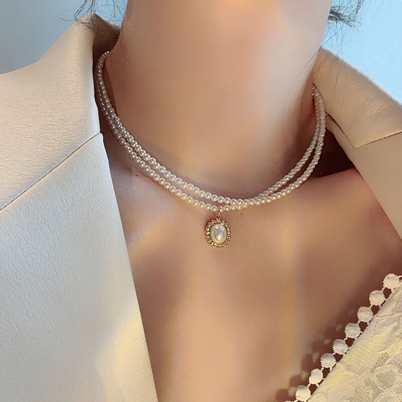 Double-Layer Pearl Necklace Retro Baroque Palace Style Necklace Niche Choker Clavicle Chain Simple Necklace Ornament