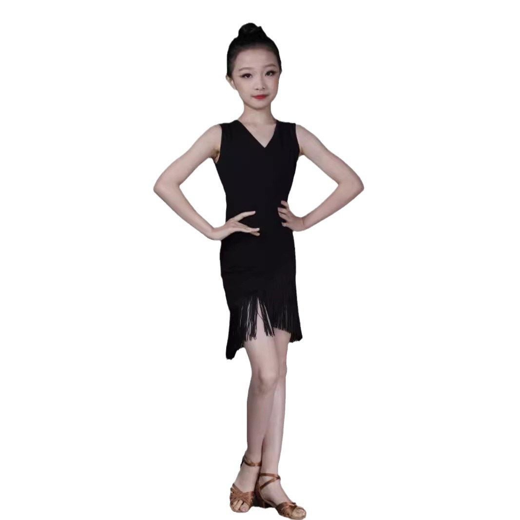 儿童拉丁舞服女童练功服少儿比赛舞蹈裙夏流苏新款规定拉丁演出服
