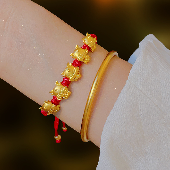 Year of Birth Five Fu Dragon Bracelet Female Woven Red Rope Zodiac Dragon Ball Bracelet Small Golden Dragon Year Tiger Gift