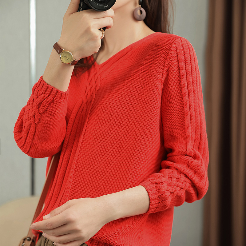 春秋季棉线长袖针织衫女v领套头宽松休闲打底短款上衣棉线针织衣