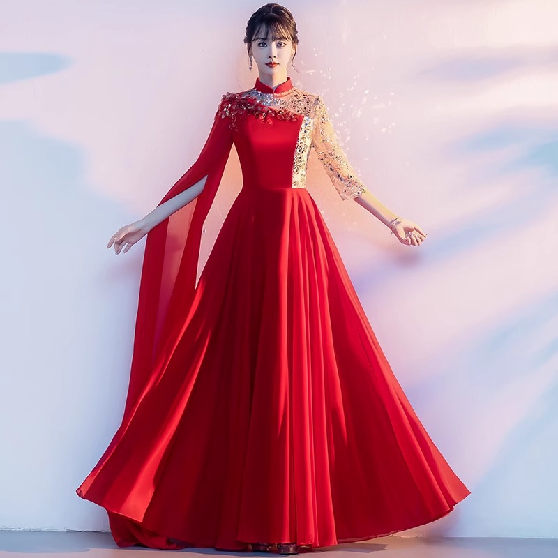 红歌大合唱团演出服女长裙成人红色晚礼服主持人表演比赛独唱指挥