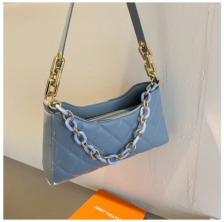 蓝酷奇小方包2021春季新款腋下时尚单肩法棍包车线菱格手提包