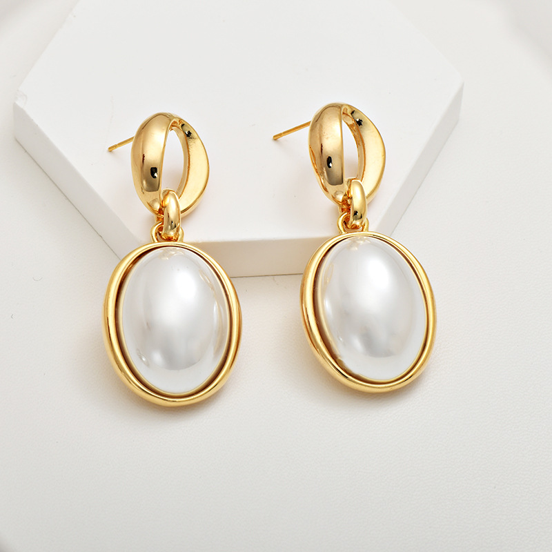 欧美轻奢椭圆形巴洛克珍珠耳环简约大气气质优雅链条珍珠耳环耳饰