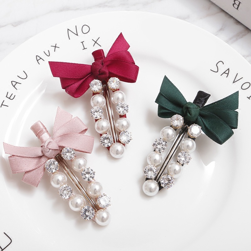 Korean Hair Accessories Japanese and Korean Bow Rhinestone Pearl Barrettes Bang Hairpin Side Clip Duckbill Clip Hair Accessories Wholesale