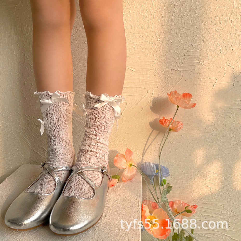 24春夏女童中筒袜日系蕾丝小腿袜子多蝶韩国蕾丝袜甜美花边公主袜