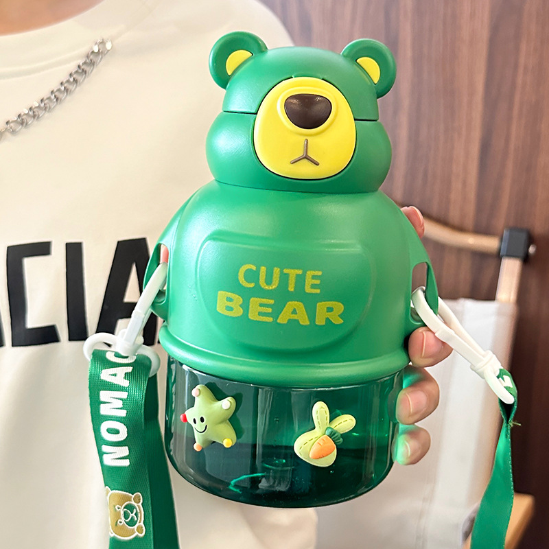 Bear Water Cup Cute Good-looking Summer Girls' Plastic Cup New Portable Children's Shoulder Strap Straw Cup