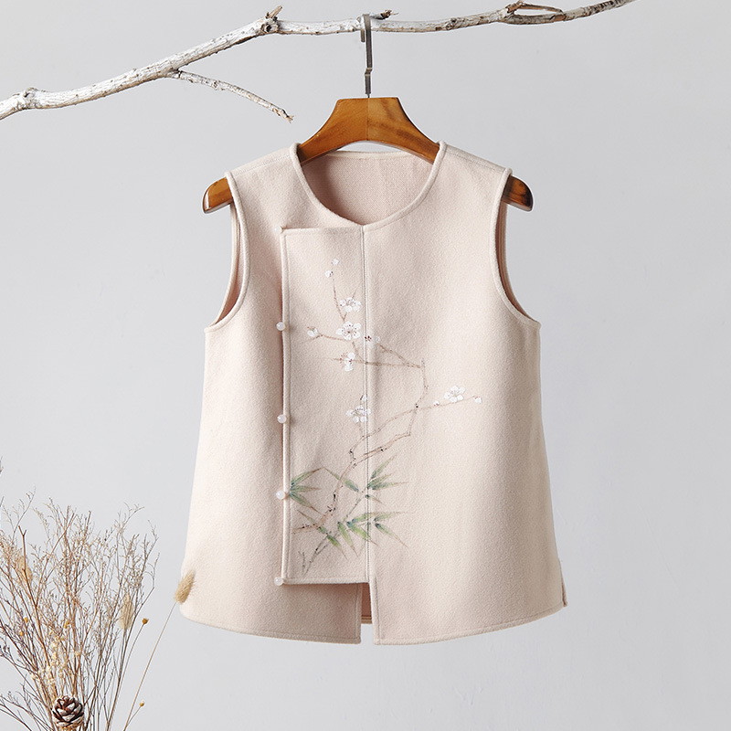 国风马甲女中式复古秋冬新款中式手绘古风改良毛呢背心佛笑缘上衣