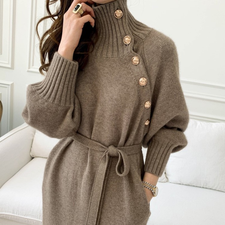 Japanese and Korean Lace-up Waist Trimming Knitted Dress 2023 Autumn and Winter New Loose Slimming and All-Matching Turtleneck Long Sweater for Women