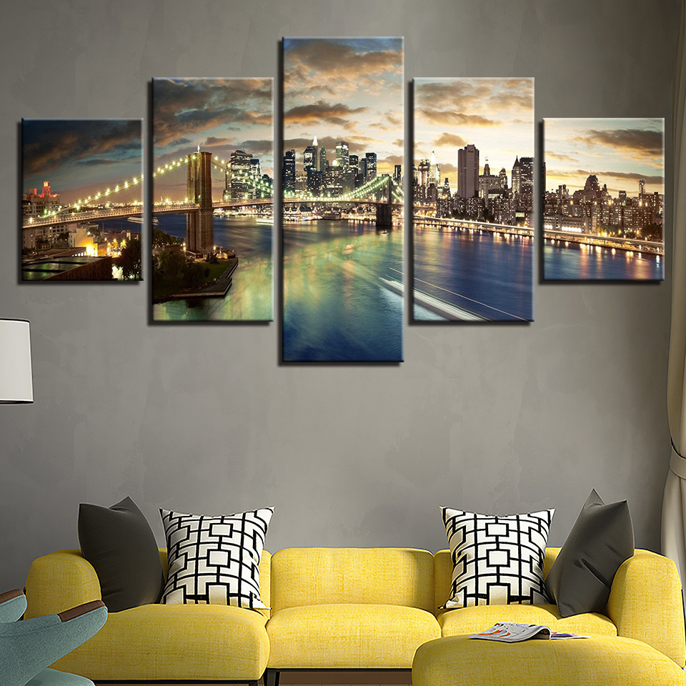 现代简约五联城市夜景桥 喷绘画 创意沙发背景墙装饰画挂画油画