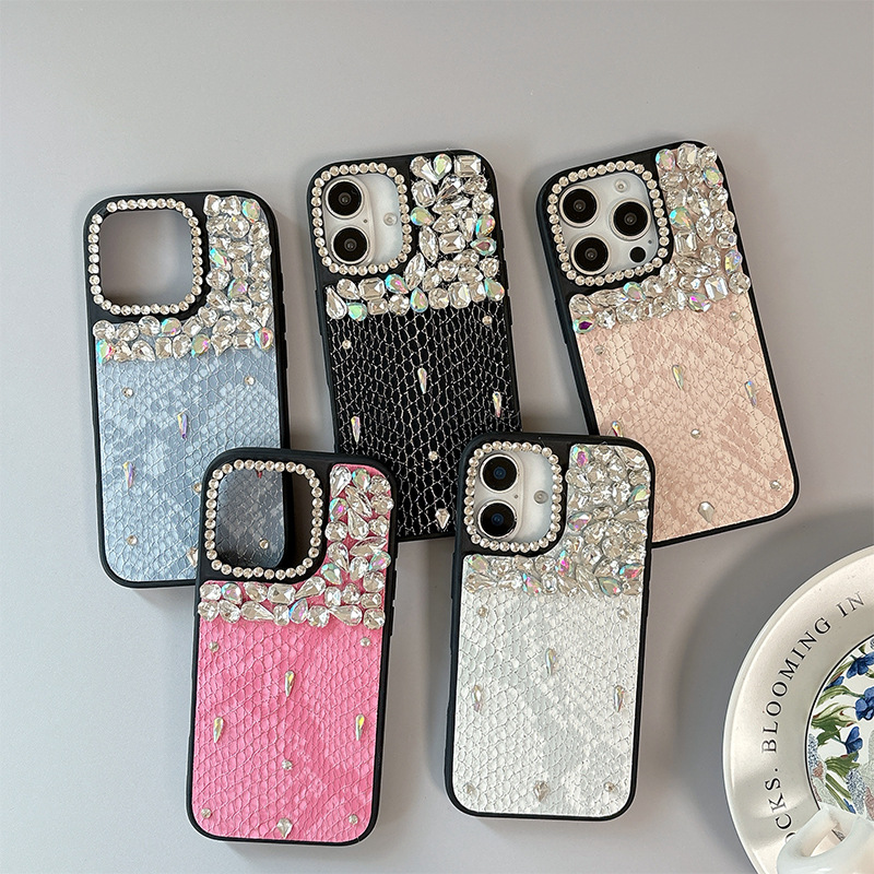 水钻奢华皮质蛇皮纹理手机壳适用iPhone17promax硬壳苹果16名媛15