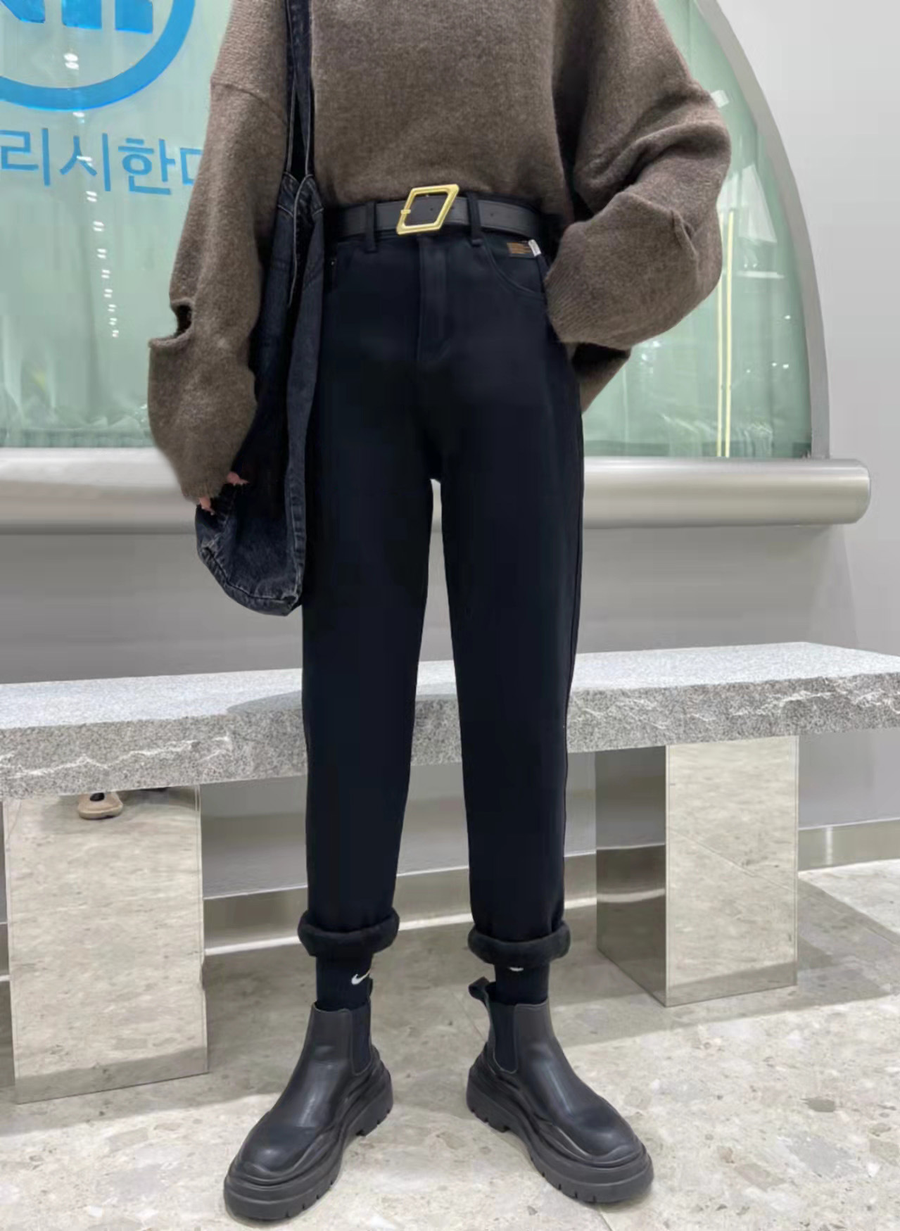 莉之绮黑色加绒哈伦牛仔裤女冬季款韩版高腰宽松老爹萝卜裤112028