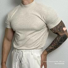 300斤大码男装夏季新款设计纯色半高领螺纹弹力显瘦短袖T恤衫包邮
