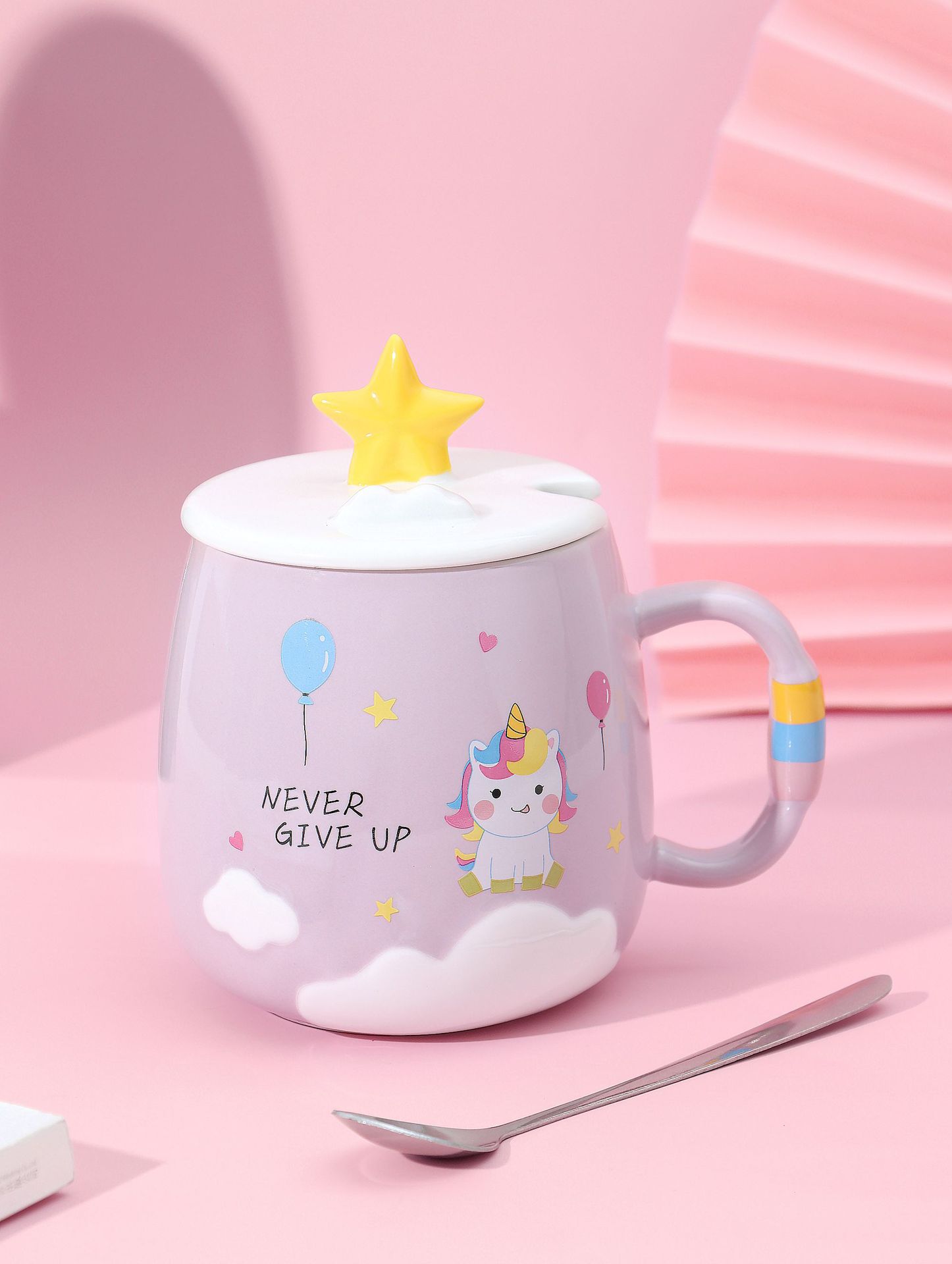 Creative Cute Girl Heart Net Red Cartoon Unicorn with Cover Spoon Ceramic Mug Souvenirs Birthday Gift