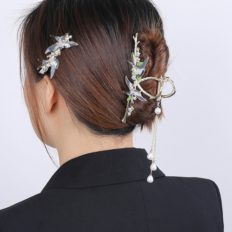原创设计款水钻燕子发夹女后脑勺丸子头盘发神器抓夹高级感头饰