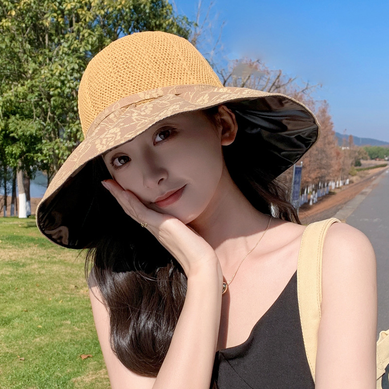 New Summer Women's Knitted Head Breathable Sun Hat Wide Brim Bow Bucket Hat Outdoor Sunscreen Lace Bucket Hat