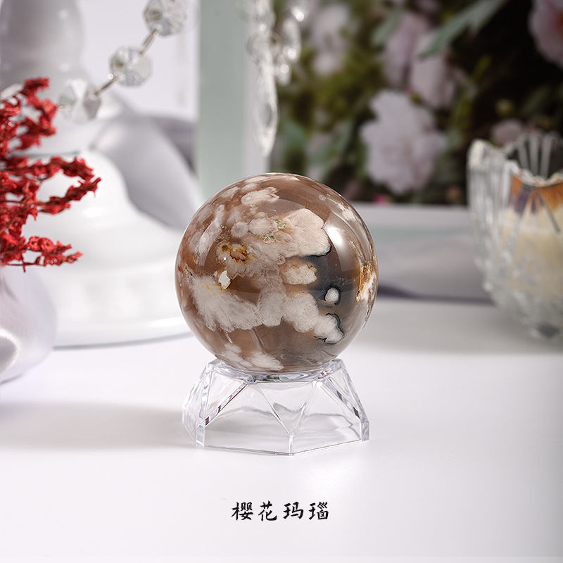 天然茶水晶球摆件樱花玛瑙拉长月光原石家居桌面创意装饰跨境货源
