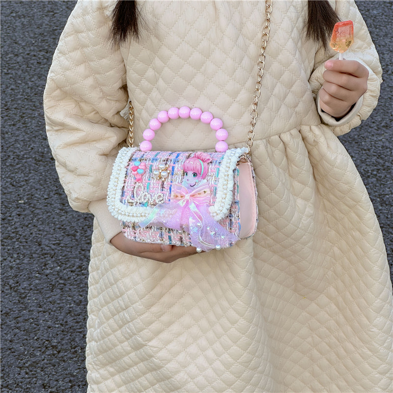 New Girls' Bags Pearl Tote Woolen Texture Korean Style Shoulder Bag Messenger Bag Children Baby Coin Purse