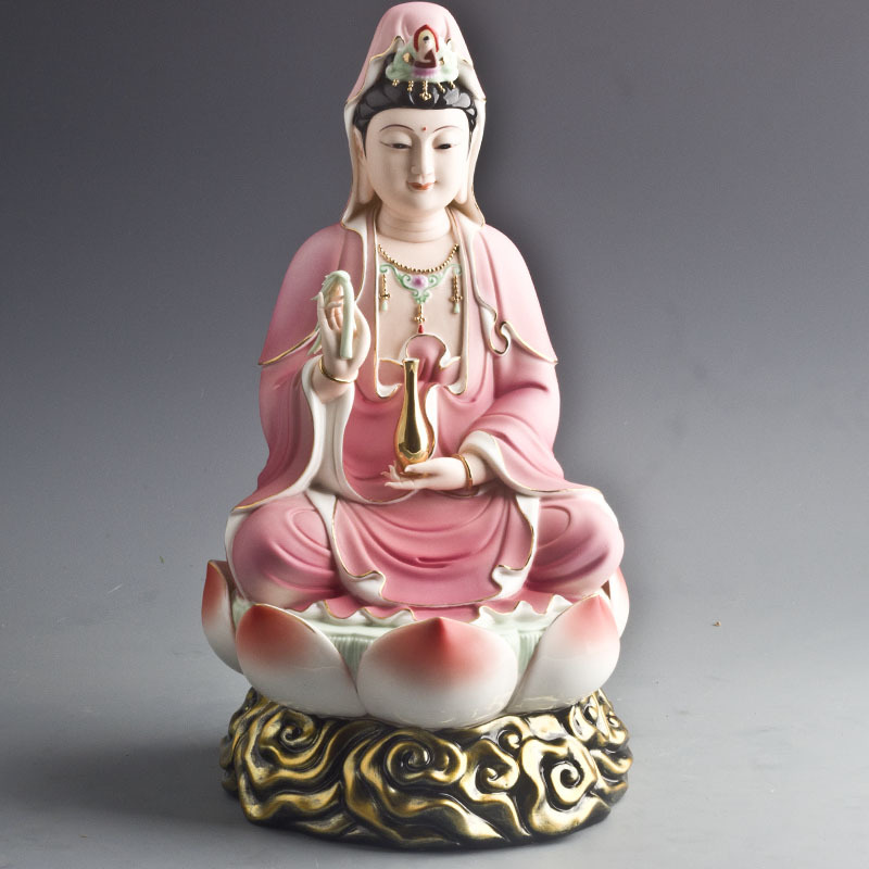 14寸加彩观音坐莲祥云德化陶瓷白瓷古典现代家居风格佛像工艺摆件