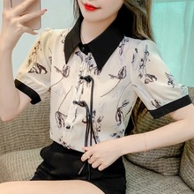 中国风盘扣翻领短袖衬衫女设计感小众夏装新中式复古印花雪纺上衣