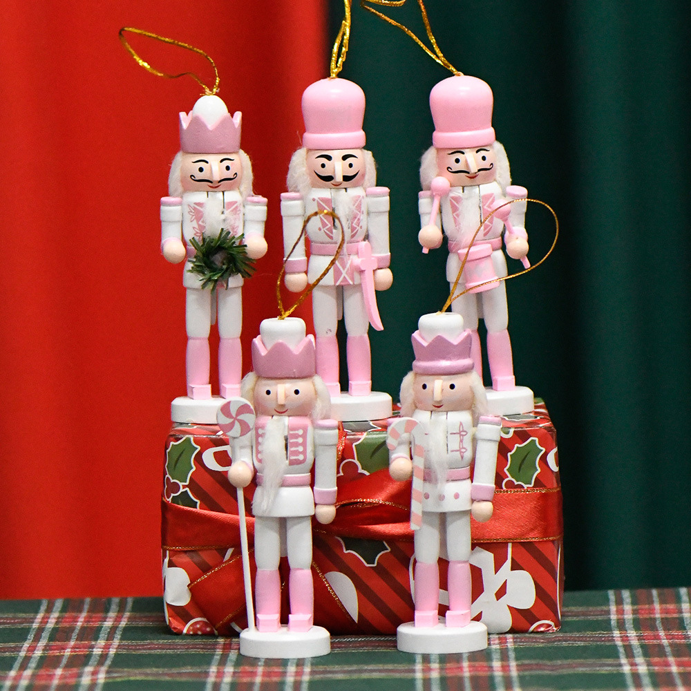 13cm Nutcracker Soldier Puppet Set Five Garland Pink White Cute Christmas Decoration Holiday Small Gift Pendant