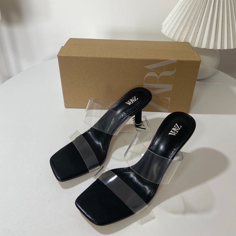 za新款2024夏季方头一字带pvc透明高跟鞋女露趾后空时装单凉鞋女