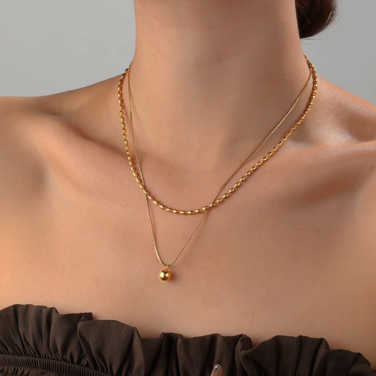 欧美跨境18k镀金双层项链圆珠叠戴钛钢不褪色锁骨链ins风淡风高级