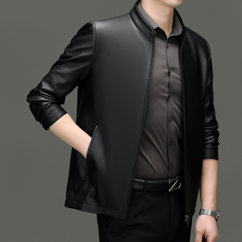 【高档耐穿】男士时尚皮衣春秋立领中年商务休闲拉链pu皮夹克外套
