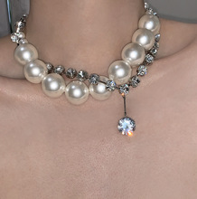 小众时髦欧美满钻夸张大小珍珠缠绕锆石多戴法项链女锁骨链颈链潮