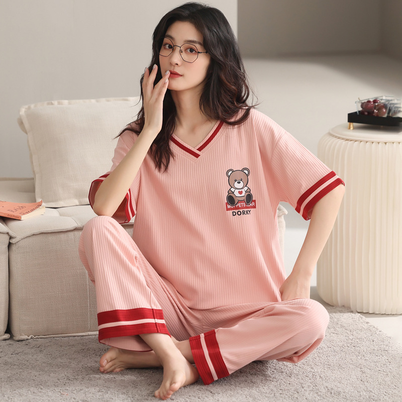 Summer Knitted Cotton Women's Pajamas Trousers Short Sleeve Two-Piece Suit Korean Style Casual Suitable for Daily Wear Homewear