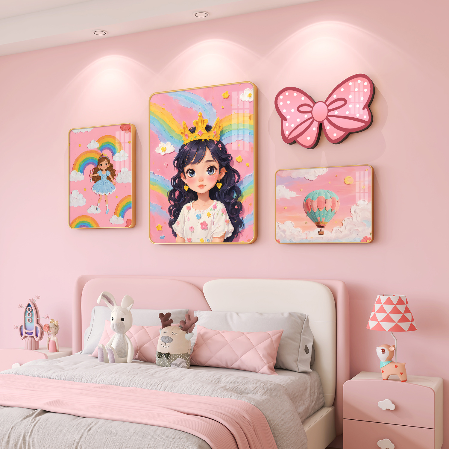 现代卡通女孩儿童房装饰画公主房粉色背景墙挂画卧室床头创意壁画