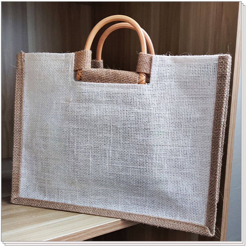 无印复古藤木手提麻布袋 良品手绘黄麻包时尚手提礼品袋