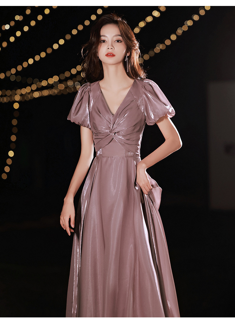 2022年短袖礼服纱裙长款薄纱v领气质年会主持人礼服性感宴会礼服